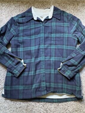 LL Bean Women’s Navy and Green Plaid Flannel Shacket with Sherpa Lining